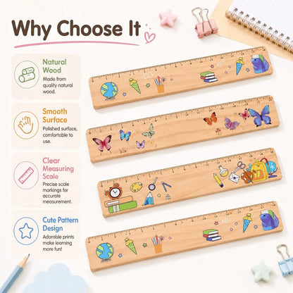 18cm Wooden Ruler with Colorful Printed Designs, Straight Measuring Tool, Measuring Instrument with Butterfly and School Supply Patterns, Portable Metric Ruler for Students, Classroom, Office, Drawing, Study, Back to School and Stationery Gifts