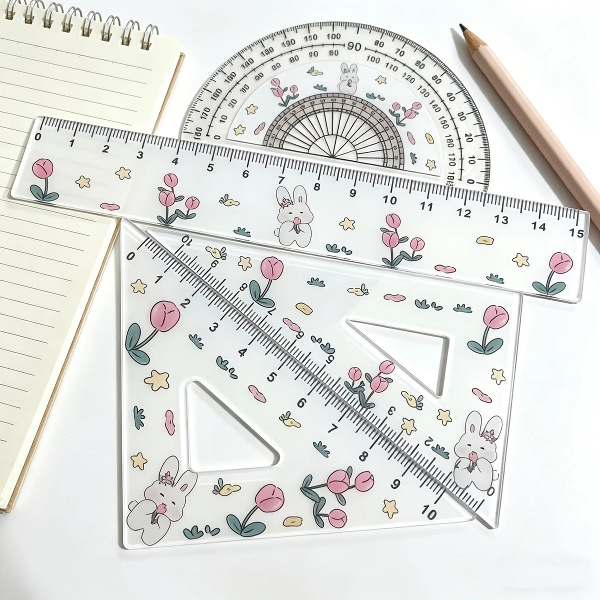 4/8pcs Cute Rabbit Tulip Pattern Ruler Set, 1 Set Ruler, Testing Drawing 4pcs Set Ruler, Ruler And Triangle, Cute Rabbit Tulip Ruler Stationery