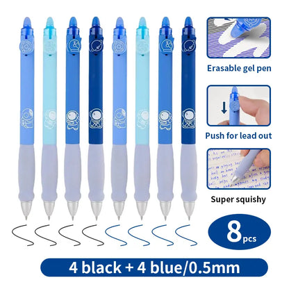 8 erasable gel pens with a starry sky blue design theme, simple solid colour style, soft cloud grip, smooth continuous ink, quick drying, suitable DIY study office writing with black blue large capacity gel ink,back to school,back to school haul
