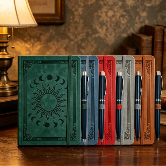 5pcs Horizontal Notebook With 5 Pens - Academic Notebook, Retro Embossed PU Leather Hard Shell Ledger, 160 Page Aesthetic Diary, A5 Hard Shell Administrative Notebook, Stationery Notebook, Memo Pad, Suitable For Students And Office Workers