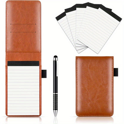 Compact Notepad Holder Bundle with Pen • 50 Pages Each, Mini Travel Faux Leather Journal • Stylish Back-To-School Essentials (Brown/Blue/Black) • For School, Workplaces, Eateries