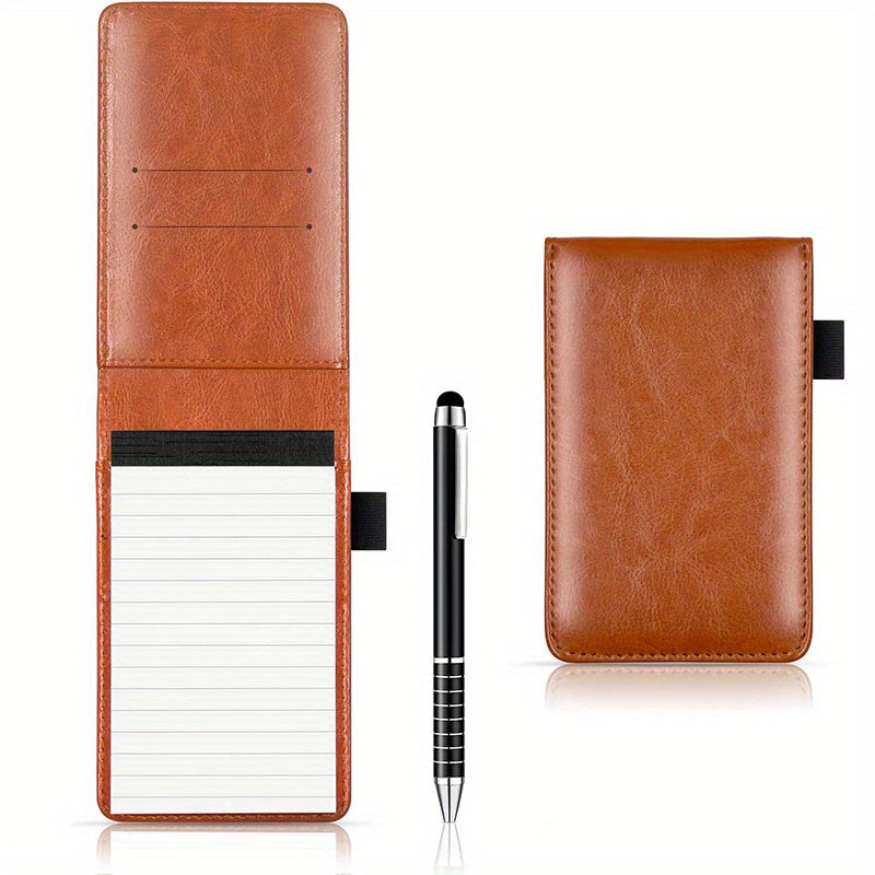 Compact Notepad Holder Bundle with Pen • 50 Pages Each, Mini Travel Faux Leather Journal • Stylish Back-To-School Essentials (Brown/Blue/Black) • For School, Workplaces, Eateries