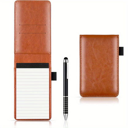 Compact Notepad Holder Bundle with Pen • 50 Pages Each, Mini Travel Faux Leather Journal • Stylish Back-To-School Essentials (Brown/Blue/Black) • For School, Workplaces, Eateries