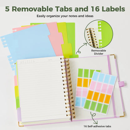 Hardcover Spiral-Bound 5-Subject College Ruled A5 Notebook (6.1in X 8.4in) - 300 Pages Lined Paper, Removable Dividers Tabs, 2 Stickers, Student Stationary College Supplies Aesthetic Notebooks for Back to Class Note Taking,sohochic