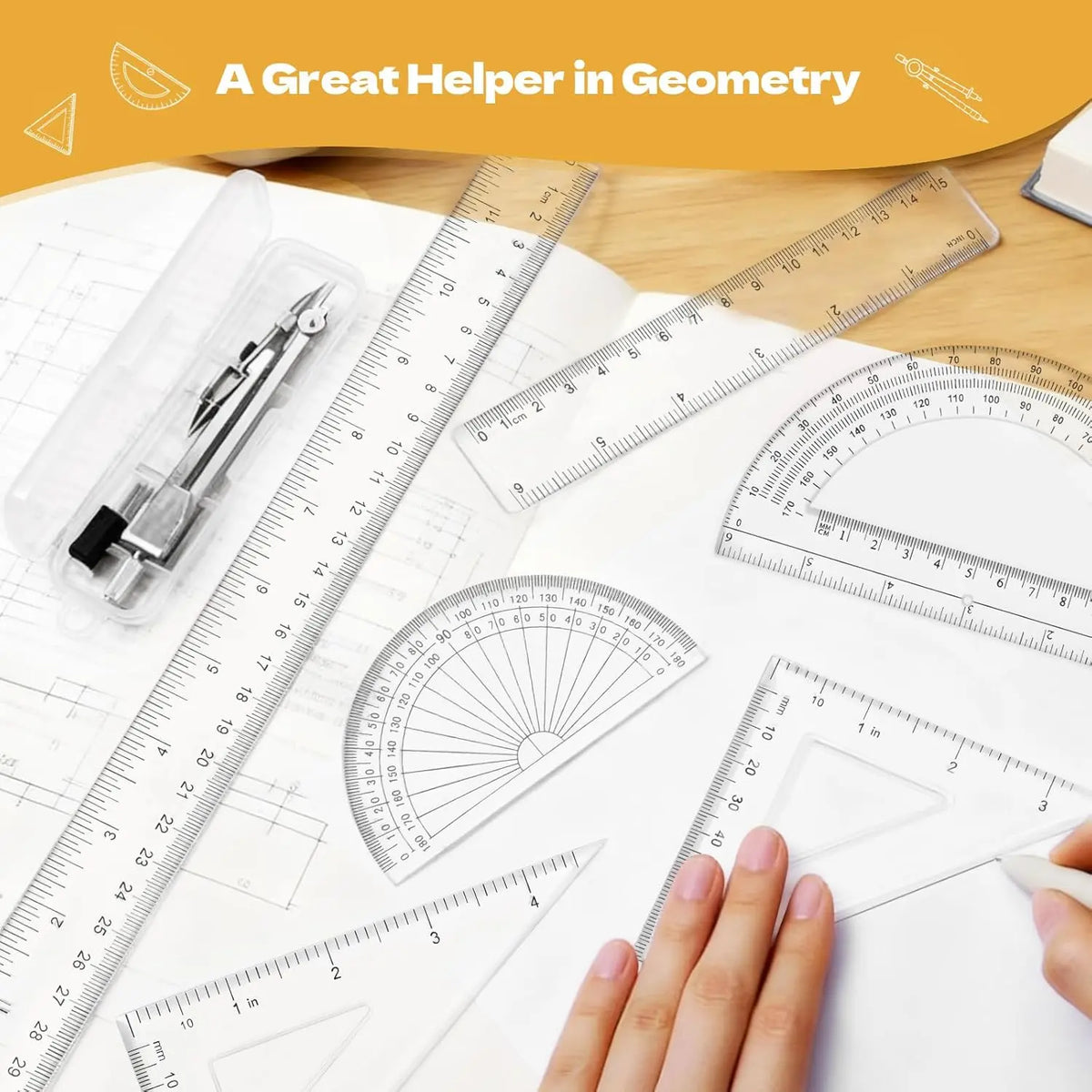 7 count Geometry Set-Clear Plastic Rulers,Triangle Ruler,Protractor,Compass | 12Inch & 6Inch Ruler Set for School Office Math Drawing Drafting Engineering Architecture Art