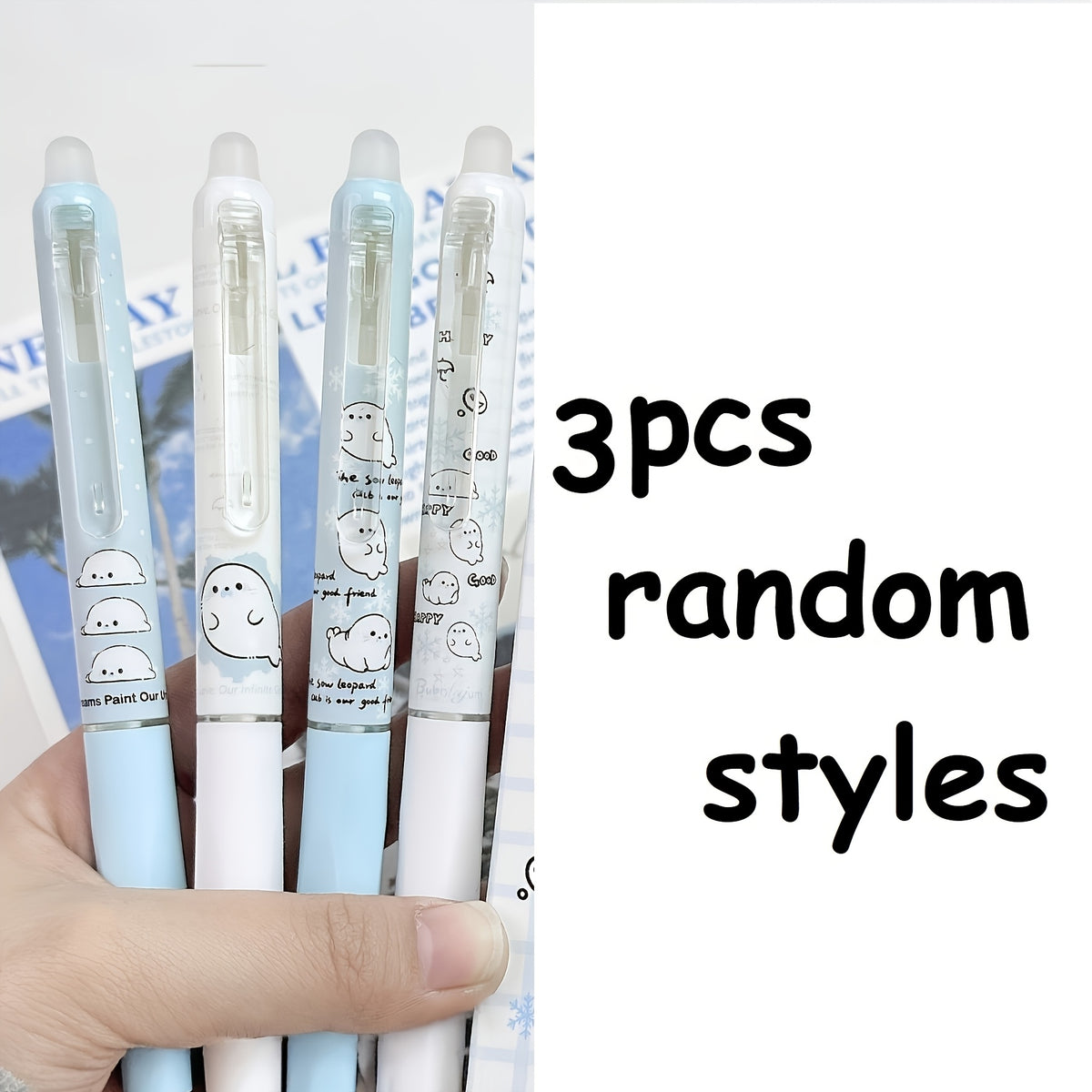 2/3pcs Random Cute Little Seal Pattern Erasable Pen, Side-Press High-Value Click Pen, 0.5mm Gel Pen, Suitable for Office and Study - Pcs