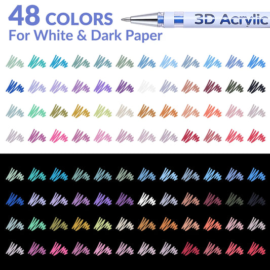 KEMYR 3D Acrylic Gel Pens, 12/24/36/48 Bold Vibrant Ink Colors, 1mm Bullet Tip, Smooth Writing, for Dark Black Paper, Doodle Art, Greeting Card Crafting, Sketchbook Ideas, Fabric, Leather, Office Art Supplies