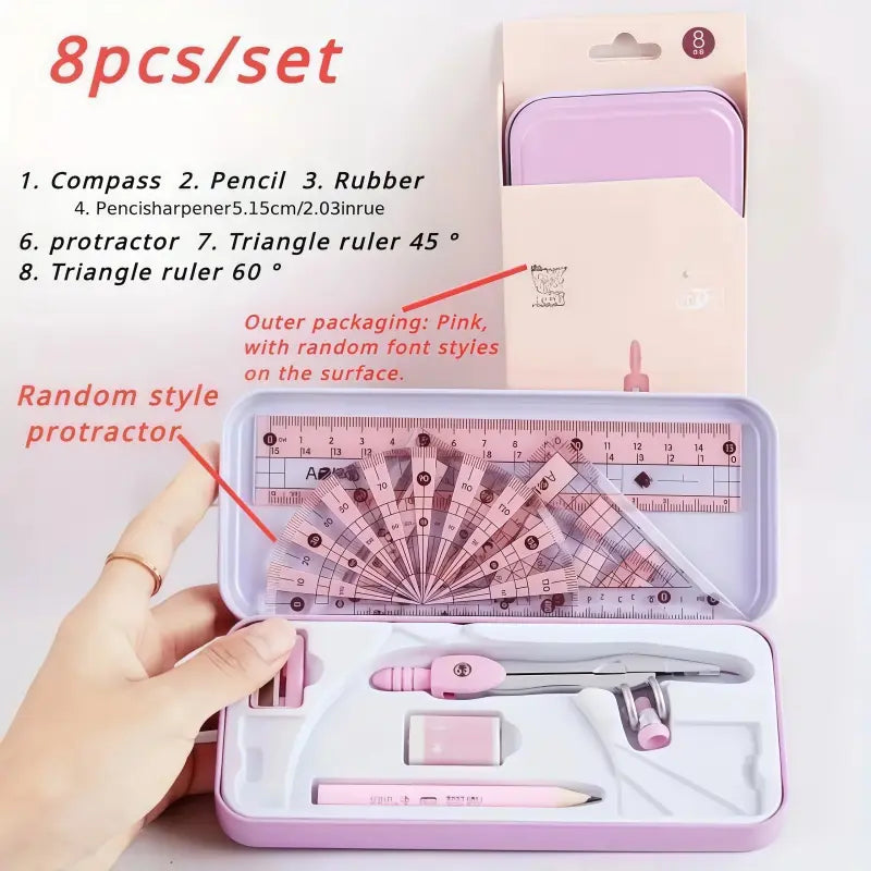 8 Piece Set Ruler Compass Pencil Set, Geometry Math Drawing Measuring Instrument Stationery, Essential Elementary School Home Office Supplies, Back-To-School Gift, Classroom Prizes
