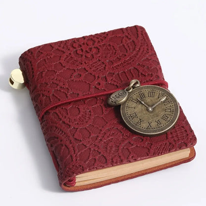 Retro Embossed Leather Journal – Mini Notebook with Metal Clock Charm and Strap Closure