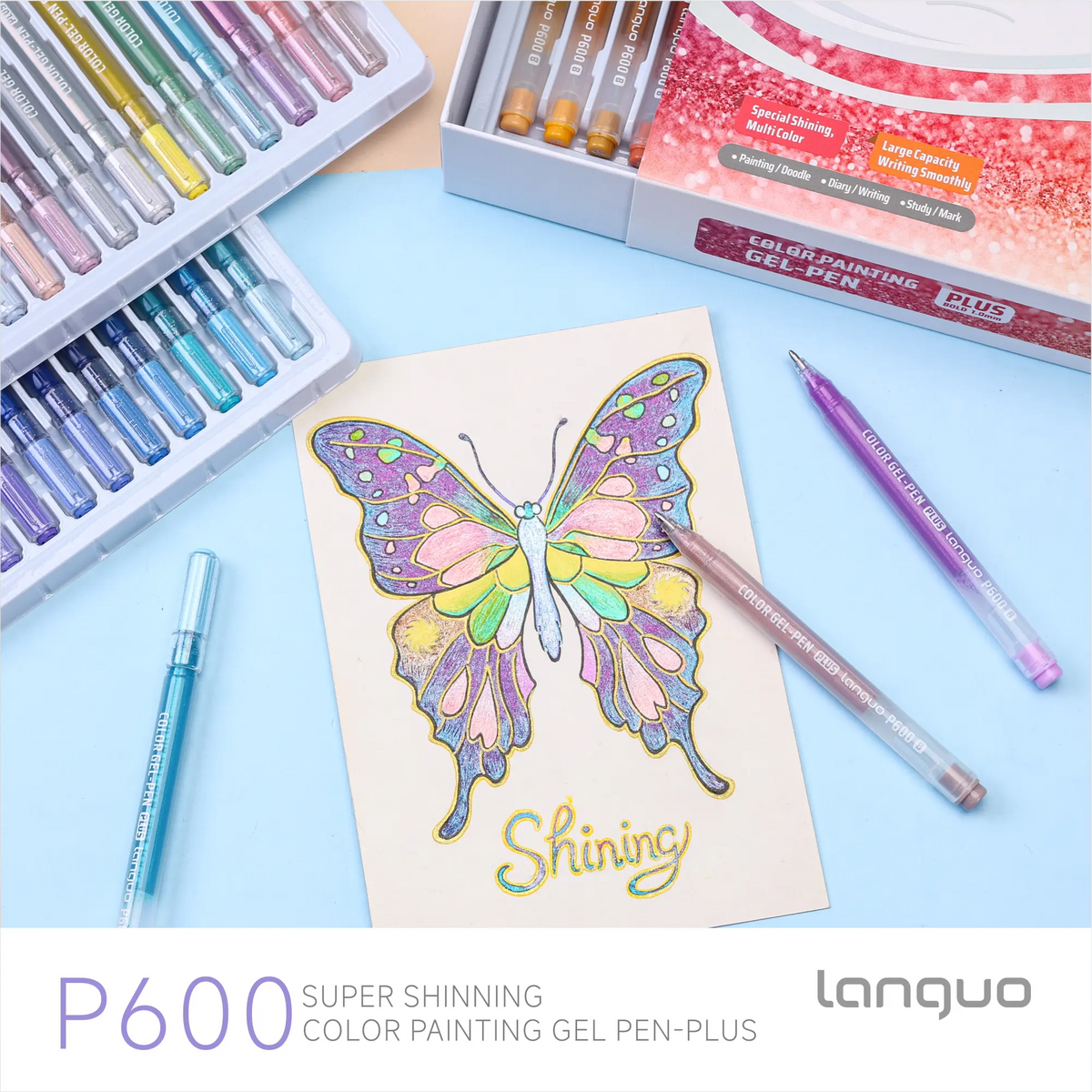 Languo 72 Metallic Glitter Gel Pens - Aesthetic Pens, Colorful/Glitter Drawing & Painting Supplies, Office Stationery, Ideal for Girls to Ignite Spark of Creativity, Adult Coloring Books