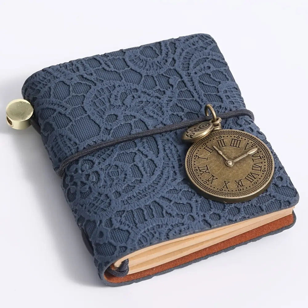Retro Embossed Leather Journal – Mini Notebook with Metal Clock Charm and Strap Closure