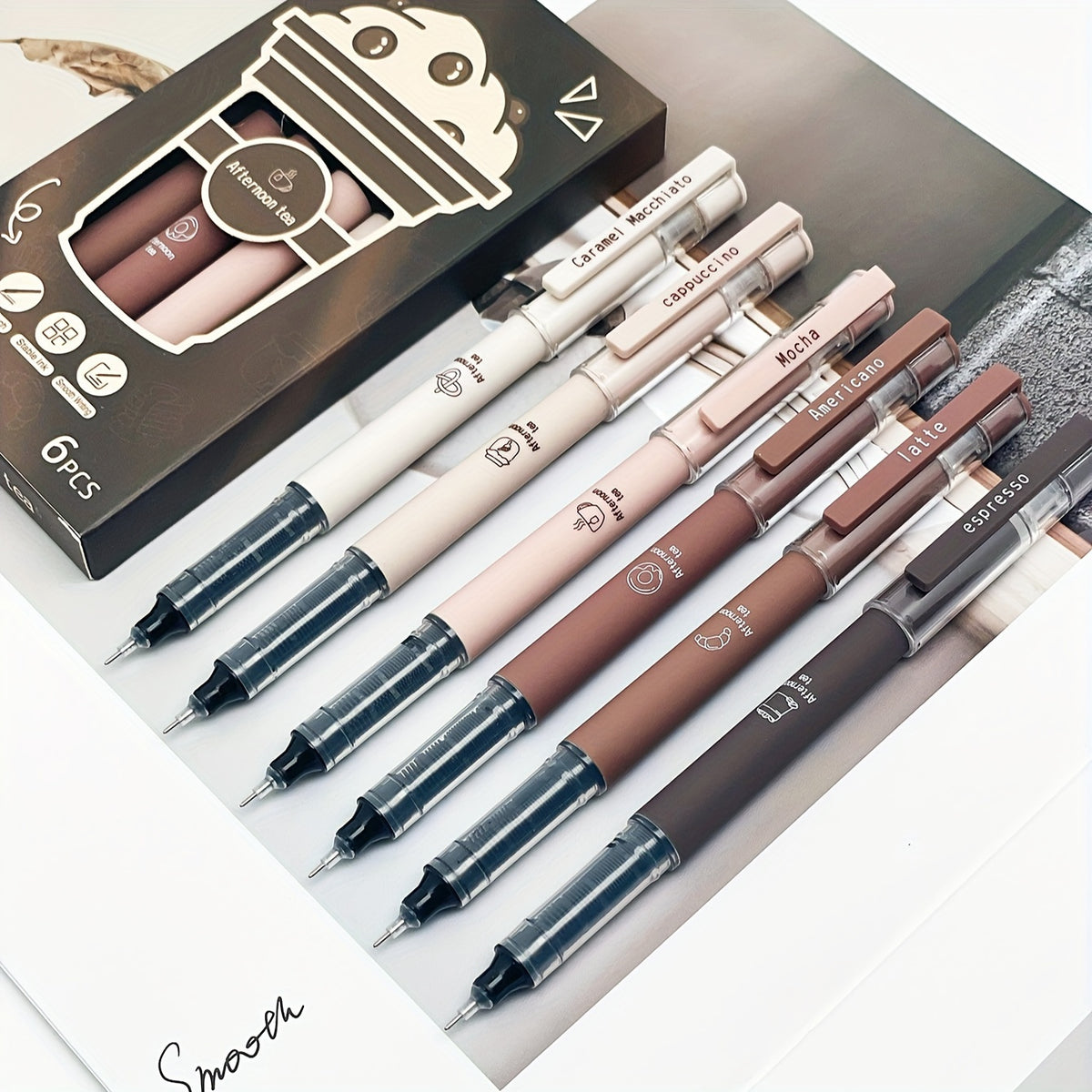 6pcs/8pcs Coffee Theme Liquid Quick-Drying Ink Gel Pens, No Smear Soft Touch Pens for Note Taking Drawing School& Office Supplies