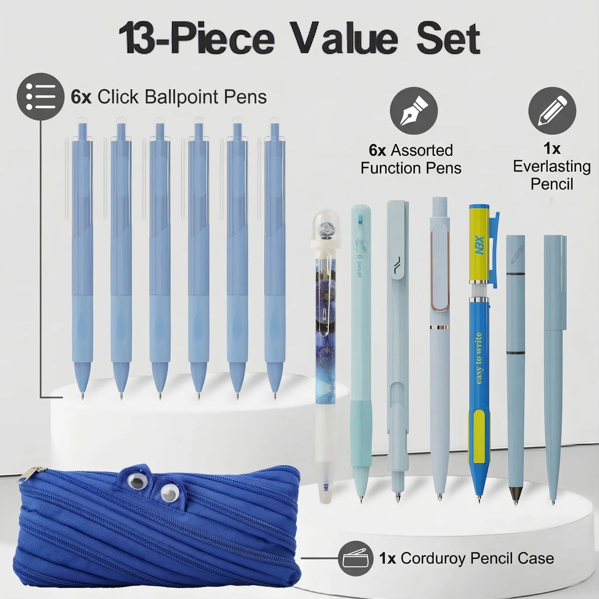 Rarler 13PCS Smart Pen Set with Monster Pencil Case - 8 Unique Styles (Twist, Everlasting, Grip, Click, Retractable, Agile, Erasable Gel, 6x0.5mm Ballpoint) - Back to School Supplies for Students,sohochic