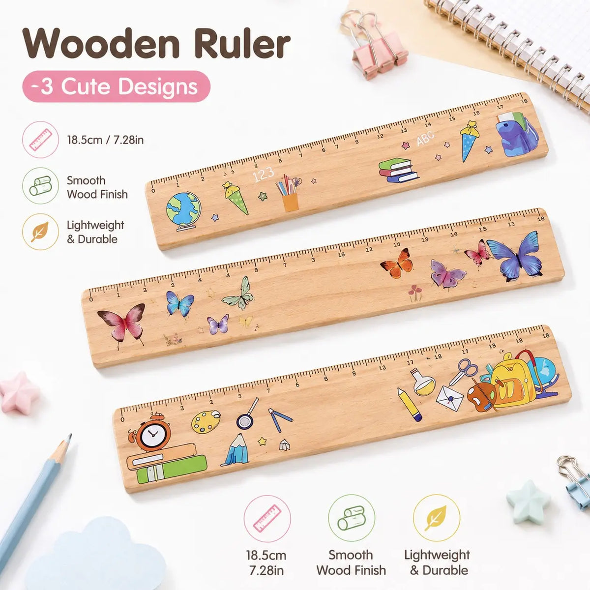 18cm Wooden Ruler with Colorful Printed Designs, Straight Measuring Tool, Measuring Instrument with Butterfly and School Supply Patterns, Portable Metric Ruler for Students, Classroom, Office, Drawing, Study, Back to School and Stationery Gifts