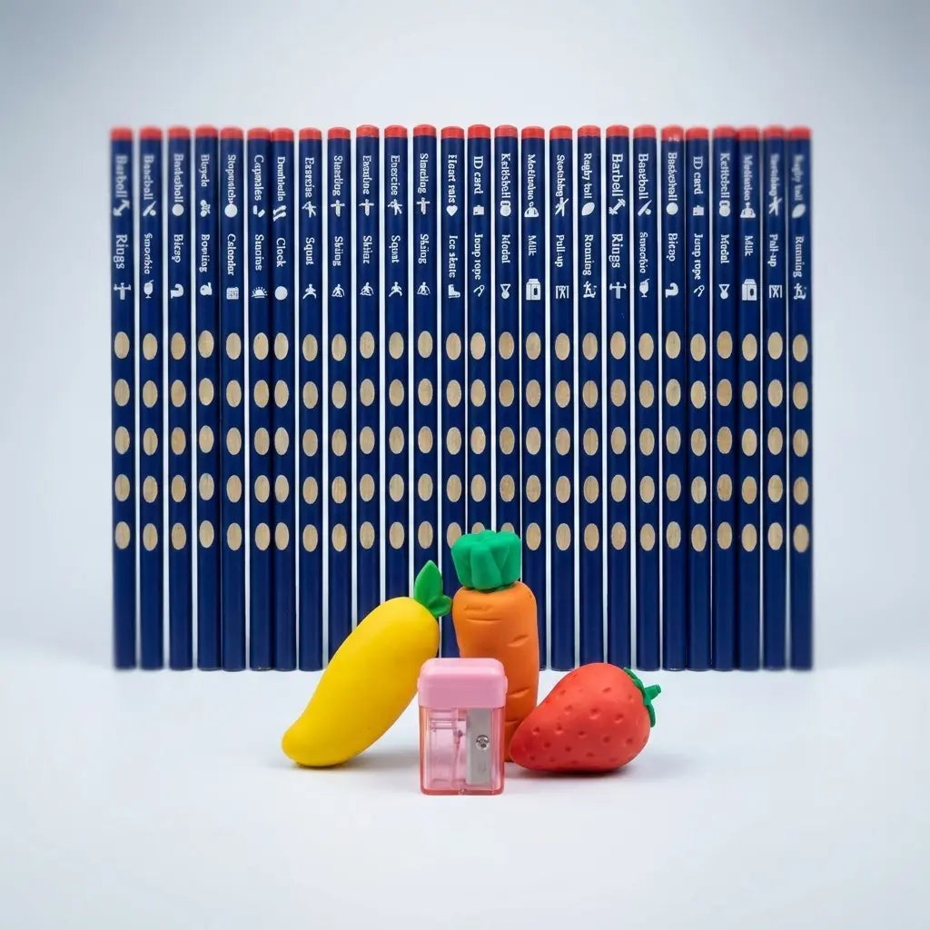 Fruit-Themed Grip Pencil Set, 30 Laser-Etched Writing Tools, 3 Random Erasers, 1 Random Pencil Sharpener for Motivation (Office Stationery)