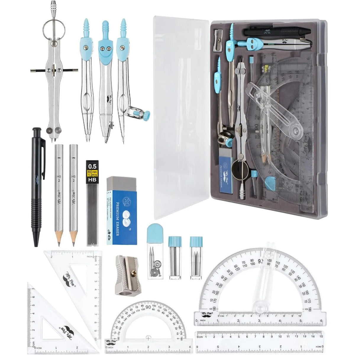 - Geometry Set, 15 count Set with 6 Inch Swing Arm Protractor | IncludesMetal Divider, Set Squares, Ruler, Compasses for Math for Drafting & School Supplies