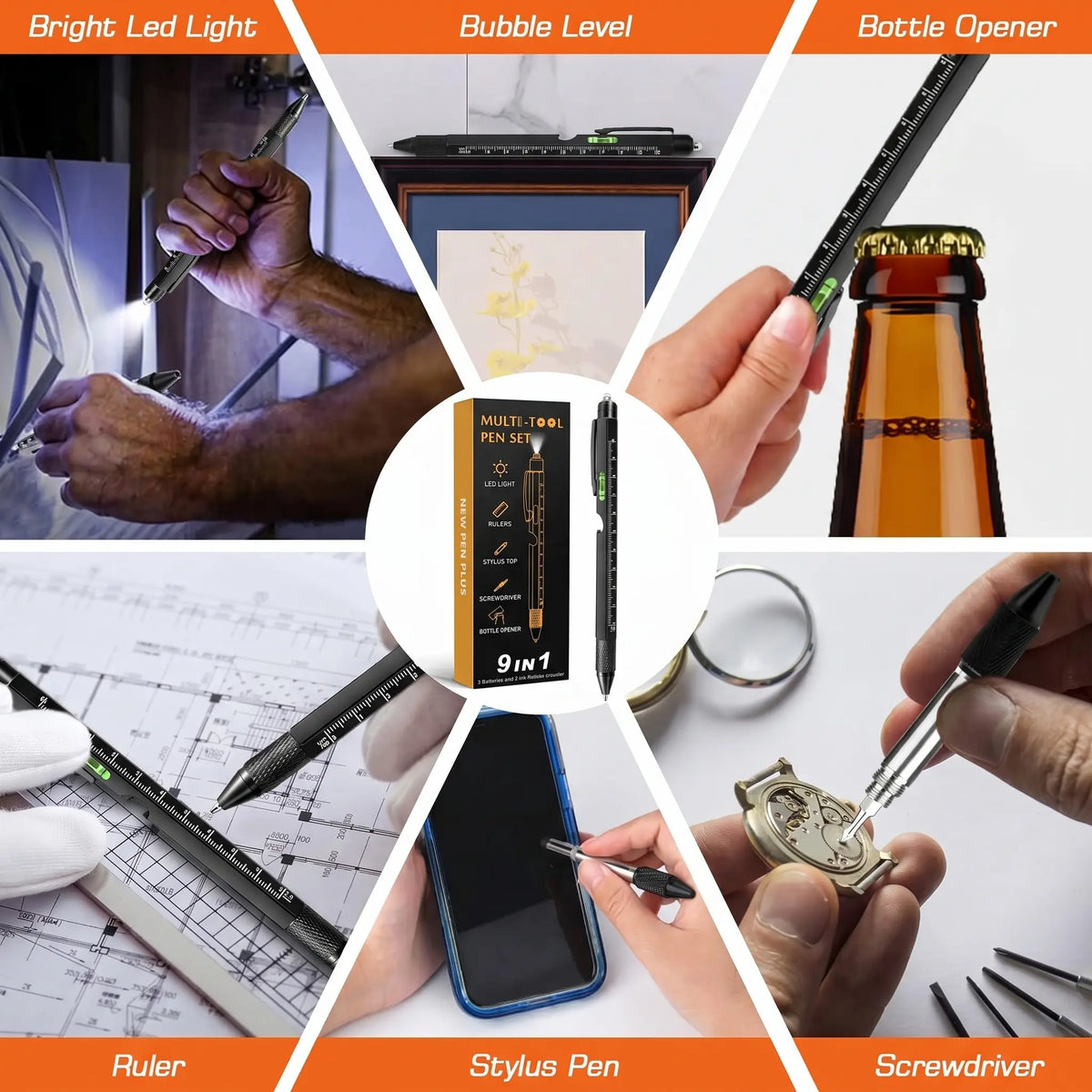 Aluminum 9-in-1 Compact Pen Tools Kit - LED Light, Bottle Opener, Ruler, Stylus Included - for Office, DIY Home Repair - Ideal Birthday Gift for Men - 2 Pack Value Set,sohochic