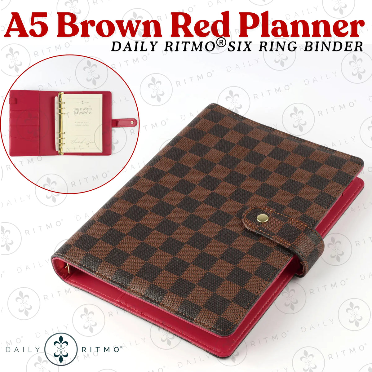 DAILY RITMO A5 Checkered PU Leather 6-Ring Binder Notebook - 160-Page To-Do List Planner, Work Notebook, Daily To Do List Notepad, Office Stationery, Desk & Work & Office Accessories