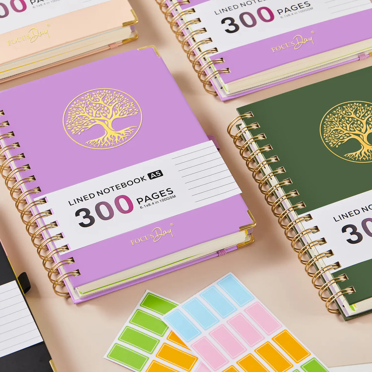 Hardcover Spiral-Bound 5-Subject College Ruled A5 Notebook (6.1in X 8.4in) - 300 Pages Lined Paper, Removable Dividers Tabs, 2 Stickers, Student Stationary College Supplies Aesthetic Notebooks for Back to Class Note Taking,sohochic