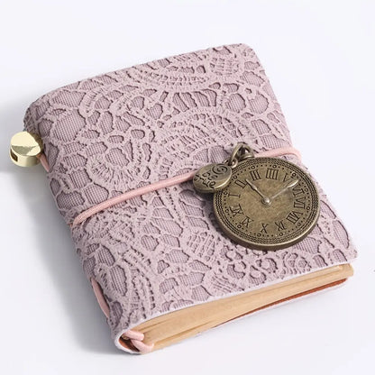 Retro Embossed Leather Journal – Mini Notebook with Metal Clock Charm and Strap Closure
