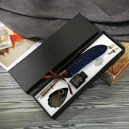 Vintage Feather Dip Pen & Ink Set - Classic Series Carved Goose Quill with Pen Stand, Calligraphy Nibs, Black Ink, Antique Writing Gift for Birthdays, Holidays, Gifts