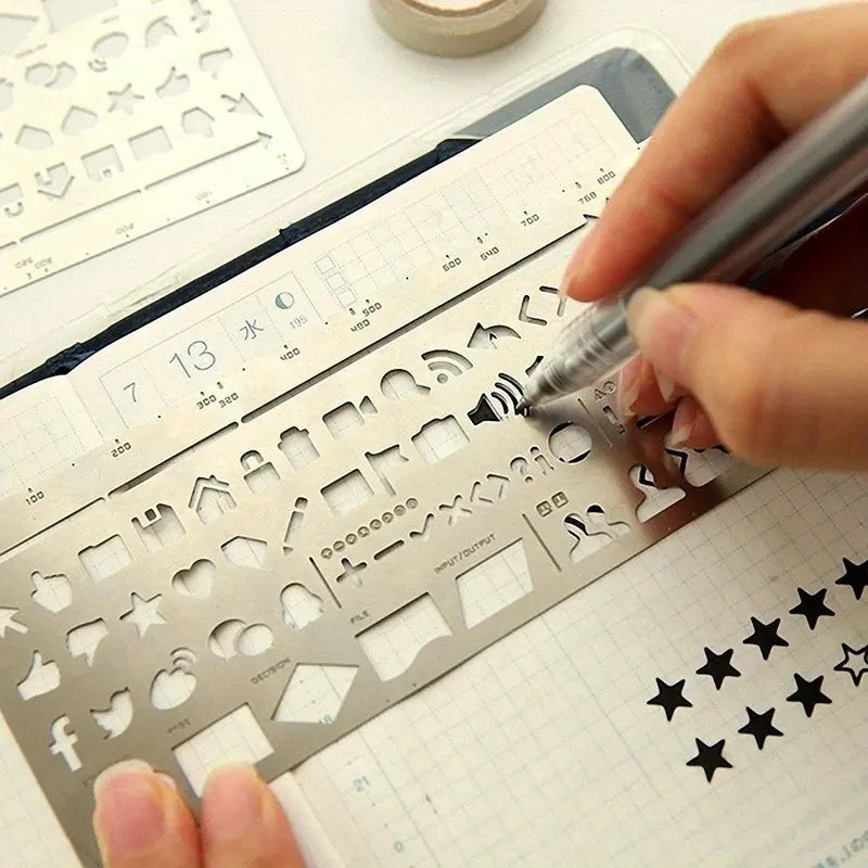 2 Piece Set Creative Multifunctional Artist Drawing Doodle Bookmark, Stainless Steel Planning Ruler & Graphics Lace Tool for Crafting, Scrapbooking, Office Supplies
