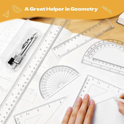 7 count Geometry Set-Clear Plastic Rulers,Triangle Ruler,Protractor,Compass | 12Inch & 6Inch Ruler Set for School Office Math Drawing Drafting Engineering Architecture Art