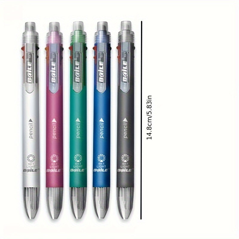 1pc 6-In-1 Multicolor Ballpoint Pens 5-Color Ballpoint Pen 1pc Automatic Pencil with Eraser for Office Writing Supplies Stationery School Supplies, And Teacher Gifts (5-Color Ballpoint Pen And 1pc Automatic Pencil Lead = 6-In-1)