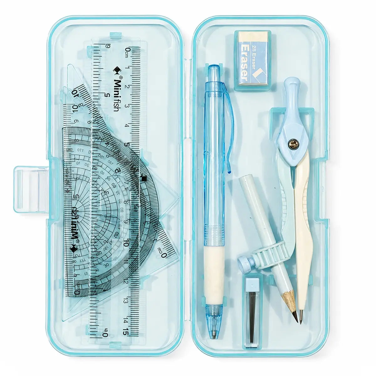 9-Piece Geometry Set for Math Class, Compass and Protractor with Ruler, Triangle, Mechanical Pencil, Eraser and Lead Refills, Student Drawing Tools Kit, School Supplies