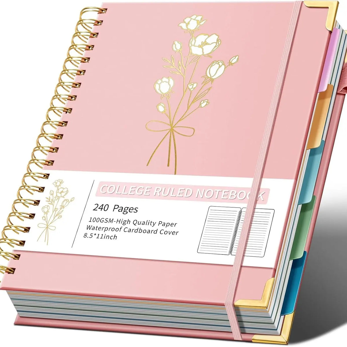 Hardcover Spiral Note Taking 5 Subject Notebook College Ruled with Dividers 240 Pages 100GSM Aesthetic Spiral Notebook for Work School Cute Journals for Women Writing