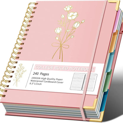 Hardcover Spiral Note Taking 5 Subject Notebook College Ruled with Dividers 240 Pages 100GSM Aesthetic Spiral Notebook for Work School Cute Journals for Women Writing