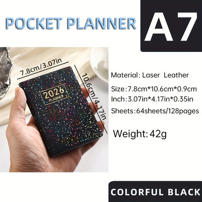 A7 Specification 2026 English Planner, Slim Weekly Planner, Starlight Color Mini Pocket Notebook, Daily Planner with Colorful Laser Cover, A7 Size: 3.07in X 4.17in