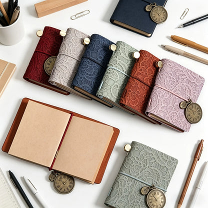 Retro Embossed Leather Journal – Mini Notebook with Metal Clock Charm and Strap Closure