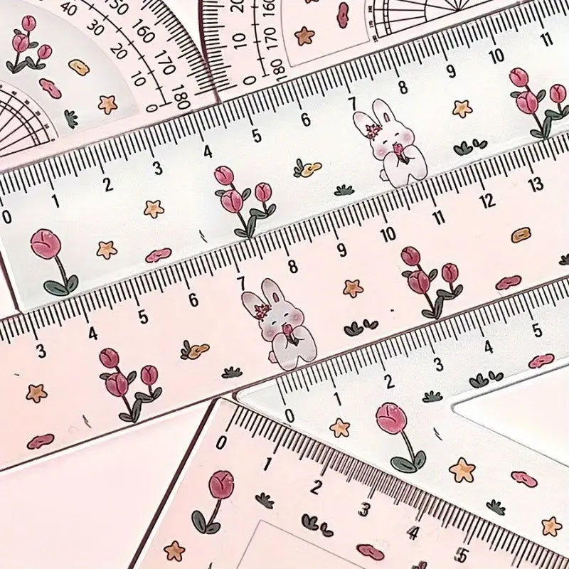 4/8pcs Cute Rabbit Tulip Pattern Ruler Set, 1 Set Ruler, Testing Drawing 4pcs Set Ruler, Ruler And Triangle, Cute Rabbit Tulip Ruler Stationery