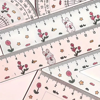 4/8pcs Cute Rabbit Tulip Pattern Ruler Set, 1 Set Ruler, Testing Drawing 4pcs Set Ruler, Ruler And Triangle, Cute Rabbit Tulip Ruler Stationery