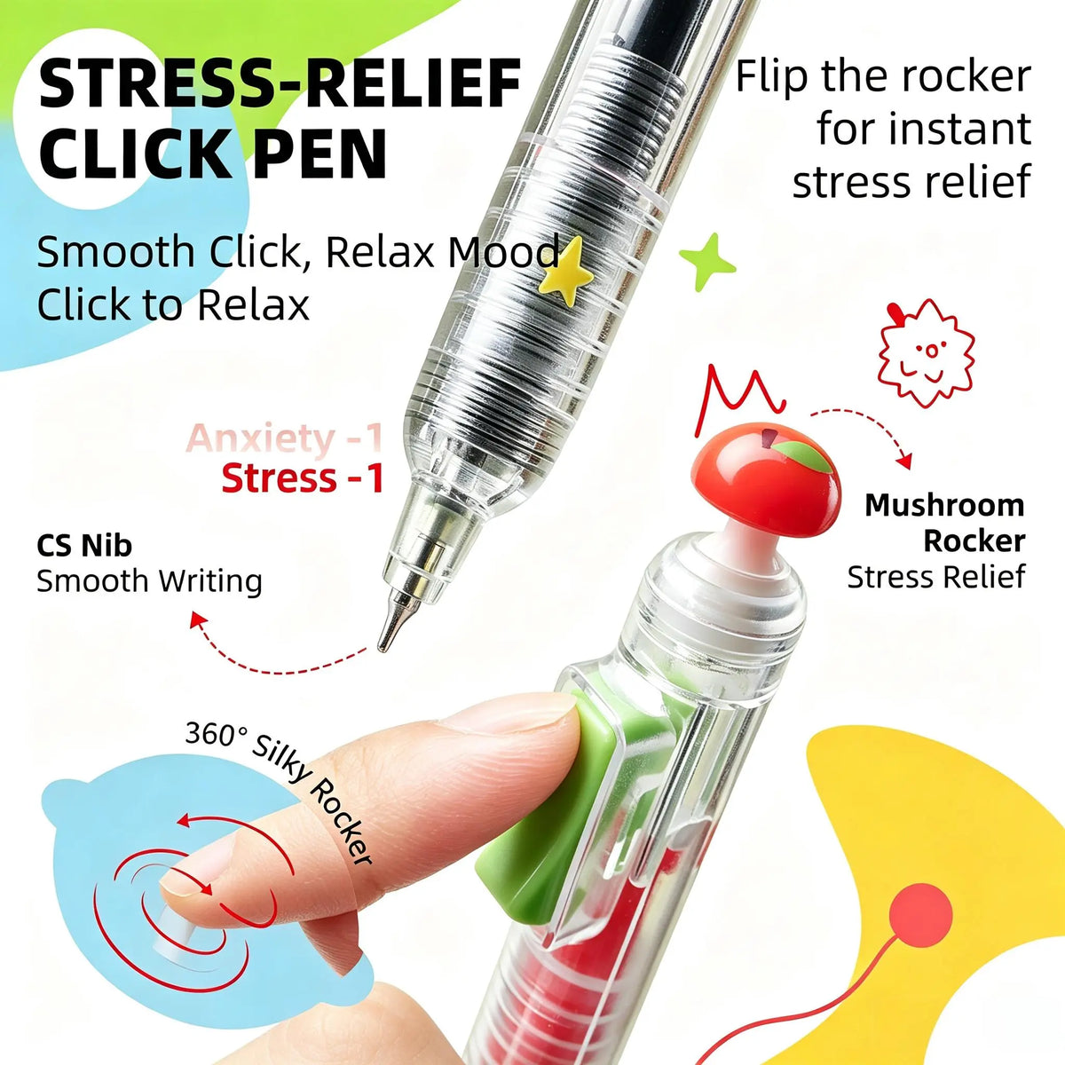 EpenGo Fidget Click Pen - Retractable 0.5mm Quick Dry Gel Ink Fine Tip Unique Pen, Built-In Joystick Stress Relief Toy, Cute Aesthetic Stationery Writing Tool for Back to School Shopping, College School Supplies, Mini Gifts