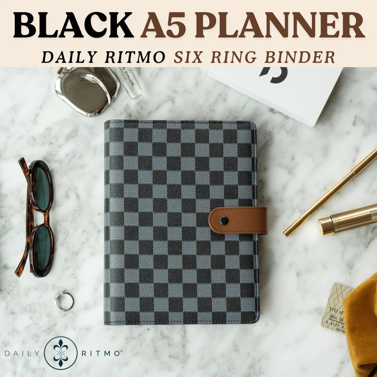 DAILY RITMO A5 Checkered PU Leather 6-Ring Binder Notebook - 160-Page To-Do List Planner, Work Notebook, Daily To Do List Notepad, Office Stationery, Desk & Work & Office Accessories