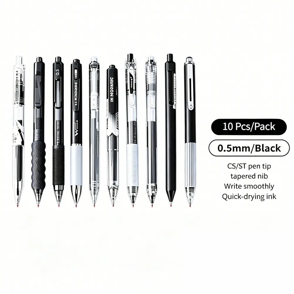 New 0.5mm Neutral Pens (1-Pack, 10 Count, 3 Styles) - Transparent Barrel, Black/White/Grey Color Scheme, Silicone Soft Grip, Callus-Resistant, Smooth Write, Non-Bleeding, Continuous Ink Flow, Quick-Drying, Large Capacity, Ideal Note Taking Pens for Office