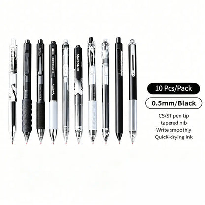 New 0.5mm Neutral Pens (1-Pack, 10 Count, 3 Styles) - Transparent Barrel, Black/White/Grey Color Scheme, Silicone Soft Grip, Callus-Resistant, Smooth Write, Non-Bleeding, Continuous Ink Flow, Quick-Drying, Large Capacity, Ideal Note Taking Pens for Office
