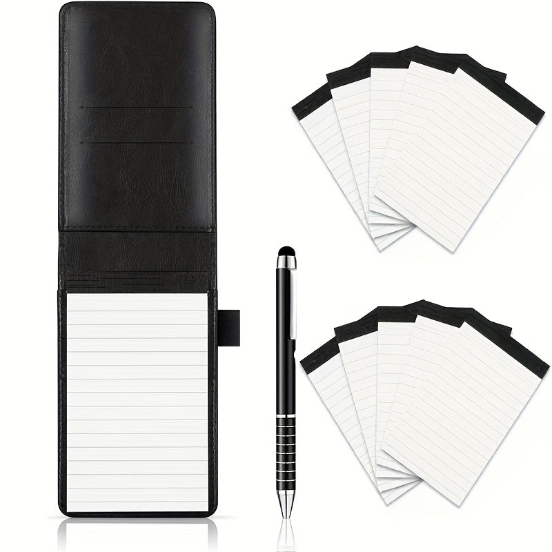 Compact Notepad Holder Bundle with Pen • 50 Pages Each, Mini Travel Faux Leather Journal • Stylish Back-To-School Essentials (Brown/Blue/Black) • For School, Workplaces, Eateries