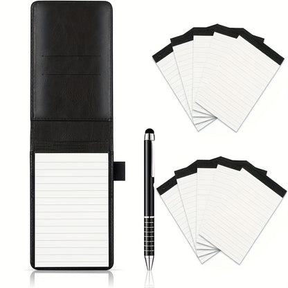 Compact Notepad Holder Bundle with Pen • 50 Pages Each, Mini Travel Faux Leather Journal • Stylish Back-To-School Essentials (Brown/Blue/Black) • For School, Workplaces, Eateries