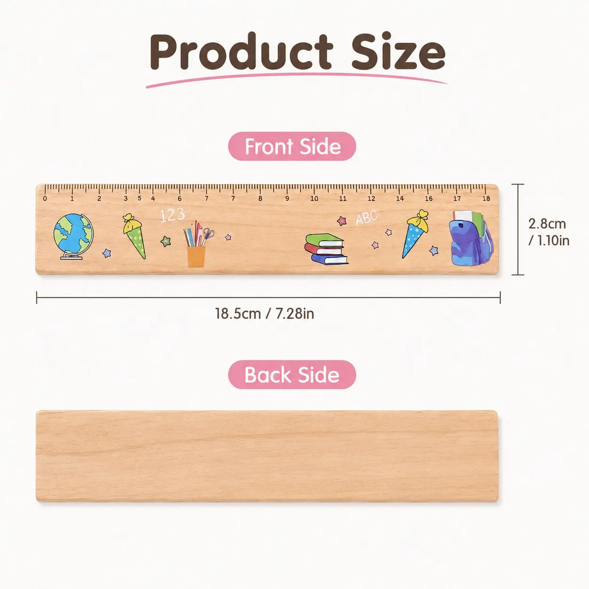 18cm Wooden Ruler with Colorful Printed Designs, Straight Measuring Tool, Measuring Instrument with Butterfly and School Supply Patterns, Portable Metric Ruler for Students, Classroom, Office, Drawing, Study, Back to School and Stationery Gifts