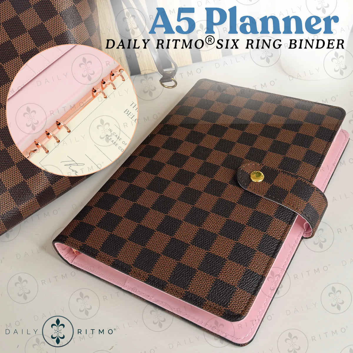 DAILY RITMO A5 Checkered PU Leather 6-Ring Binder Notebook - 160-Page To-Do List Planner, Work Notebook, Daily To Do List Notepad, Office Stationery, Desk & Work & Office Accessories
