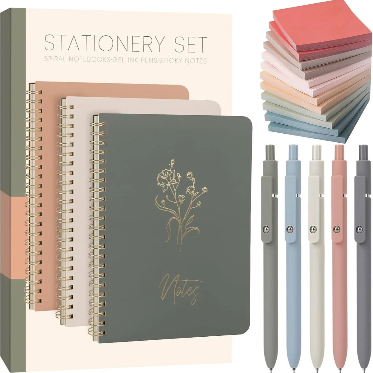 Cute Spiral Notebook Set For Women, Bible Journal Set, 3 Pack A5 Spiral Notebook + 5 PCS Gel Pens + 600 Sticky Notes + Gift Box, Aesthetic Gift Set for Work Students School Office Supplies,back to school,back to school haul