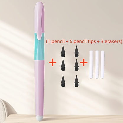 10pcs/Set (1pc Pencil And 6pcs Lead And 3pcs Erasers), Durable Non-Sharpening Pencil, Built-In Eraser - Visually Appealing, Ideal for Drawing And Writing, Back-To-School Supplies