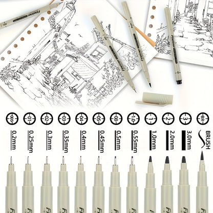 Multi-Line Drawing Pen Set: 5/6/9pcs Black Fine Waterproof Ink Pens for Document Writing, Line Art Painting, Dot Journaling, Sketch Outlines & Cartoon Animation – Essential Office Accessories for Professional Artistic Use