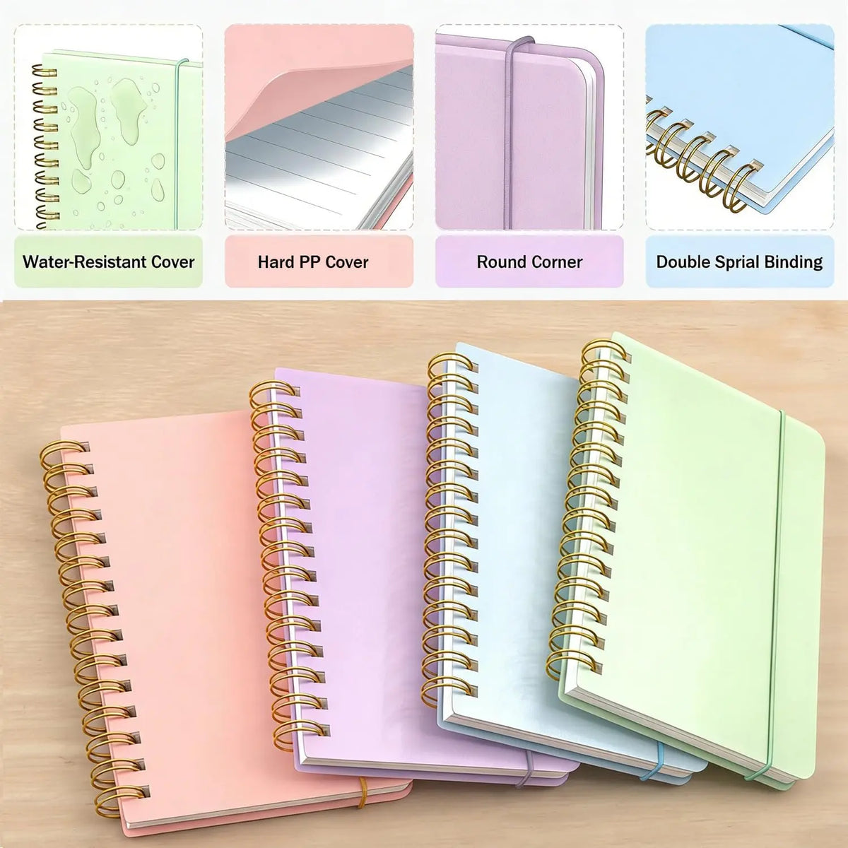 4 Pack 5x7 Small Spiral Notebook, Hardcover Spiral Journal Notebook with Removable Dividers Tabs, Note Books for Note Taking, Work, School, Cute Notebooks with Strap 50 Sheet
