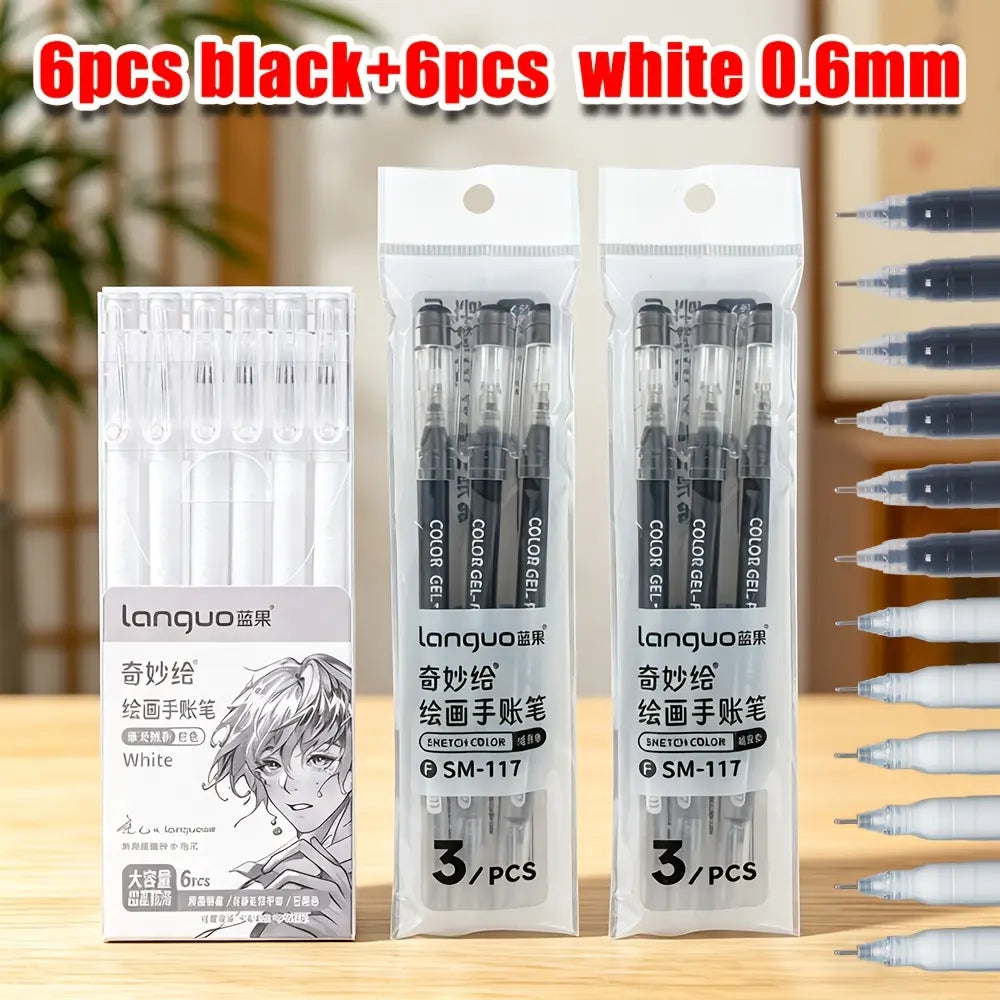 LANGUO 12PCS Black & White Gel Pens, 0.6mm & 1.0mm Fine Point Premium Ink Gel Pens, Ideal for Black Paper, Journaling, Drawing, Back to School, Art & Office Supplies