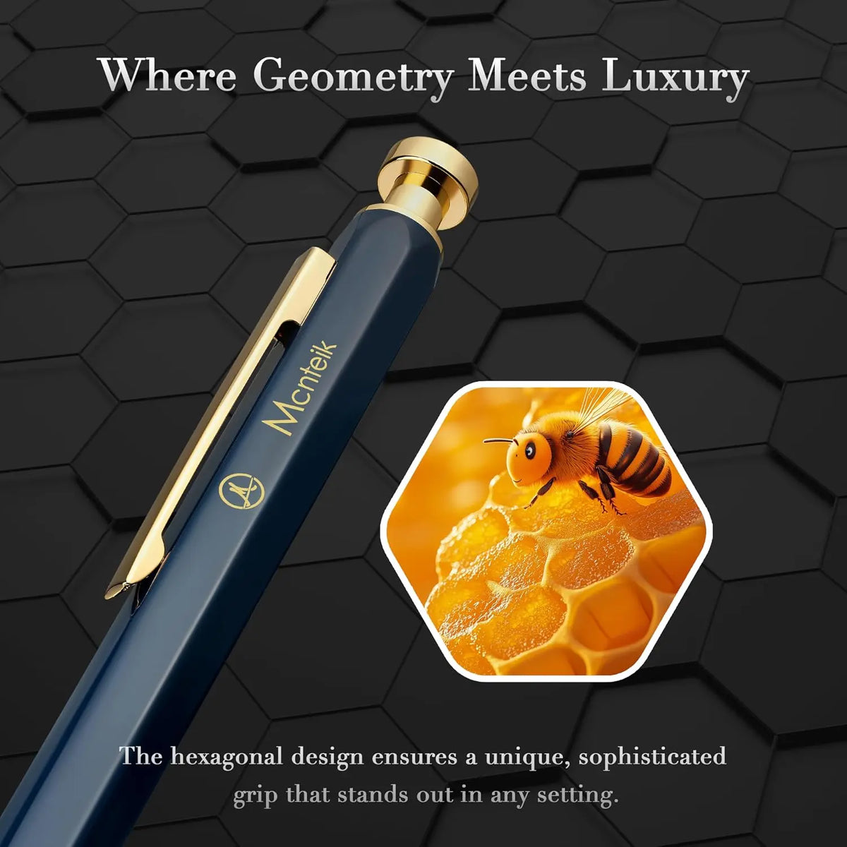 Blue Gel Pen-Stunning Click Pen with 24K  Finish, Hexagonal Design, ADMOK Black Refill,   Set for Men & Women, Professional Executive Office, Nice Fancy Retractable Pens