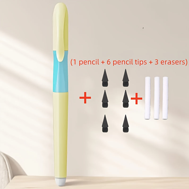 10pcs/Set (1pc Pencil And 6pcs Lead And 3pcs Erasers), Durable Non-Sharpening Pencil, Built-In Eraser - Visually Appealing, Ideal for Drawing And Writing, Back-To-School Supplies
